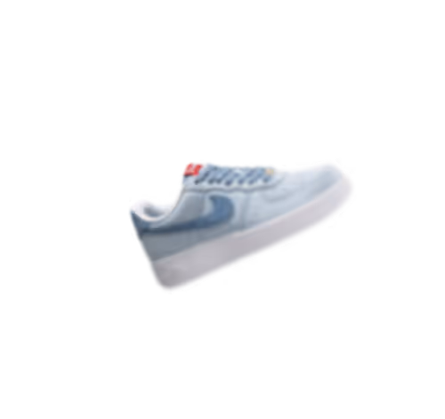Light blue Nike sneaker with white sole and red detail on the tongue.
