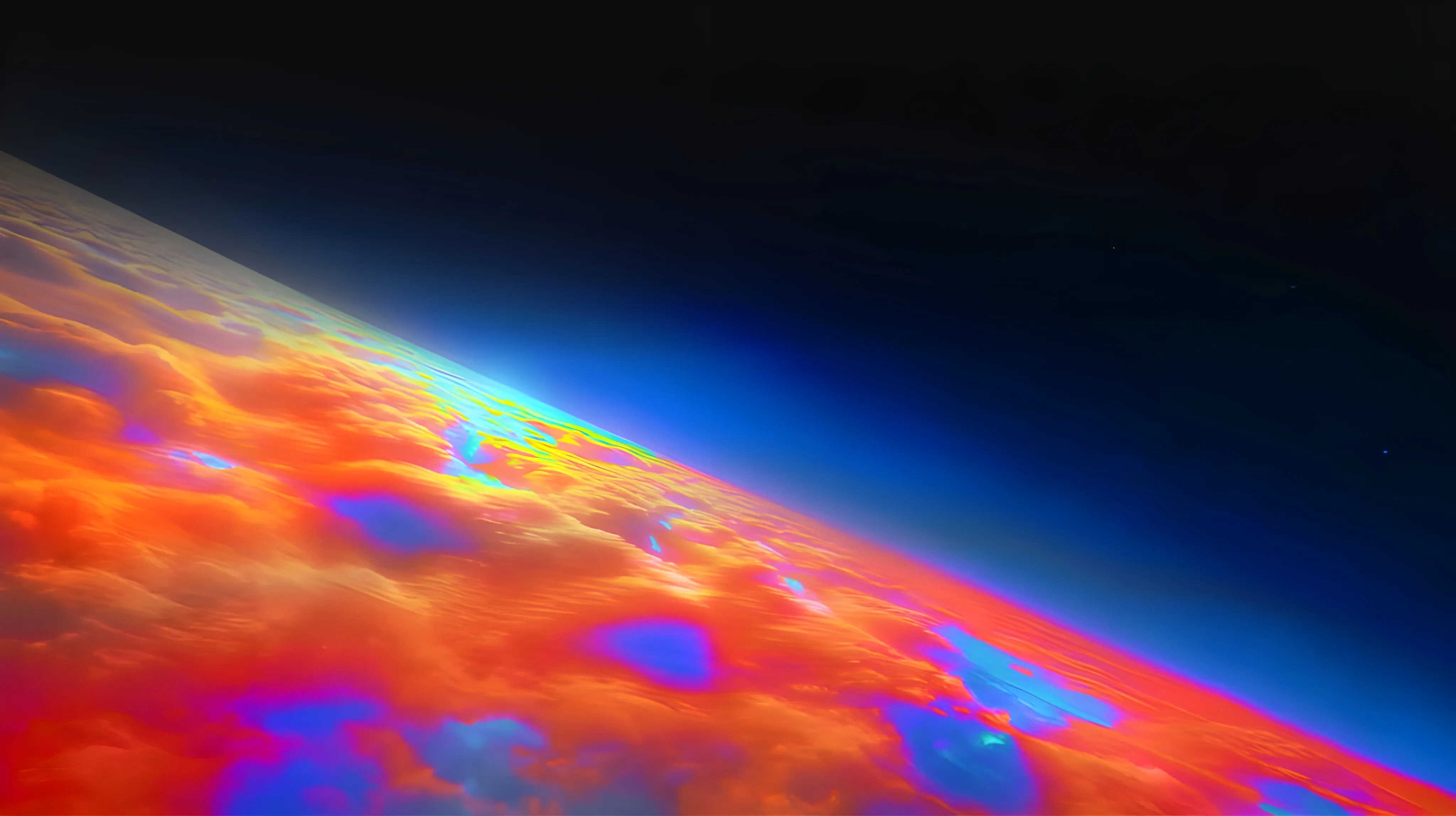 View of a colorful planet's surface with glowing orange, red, and blue areas against a dark space background.