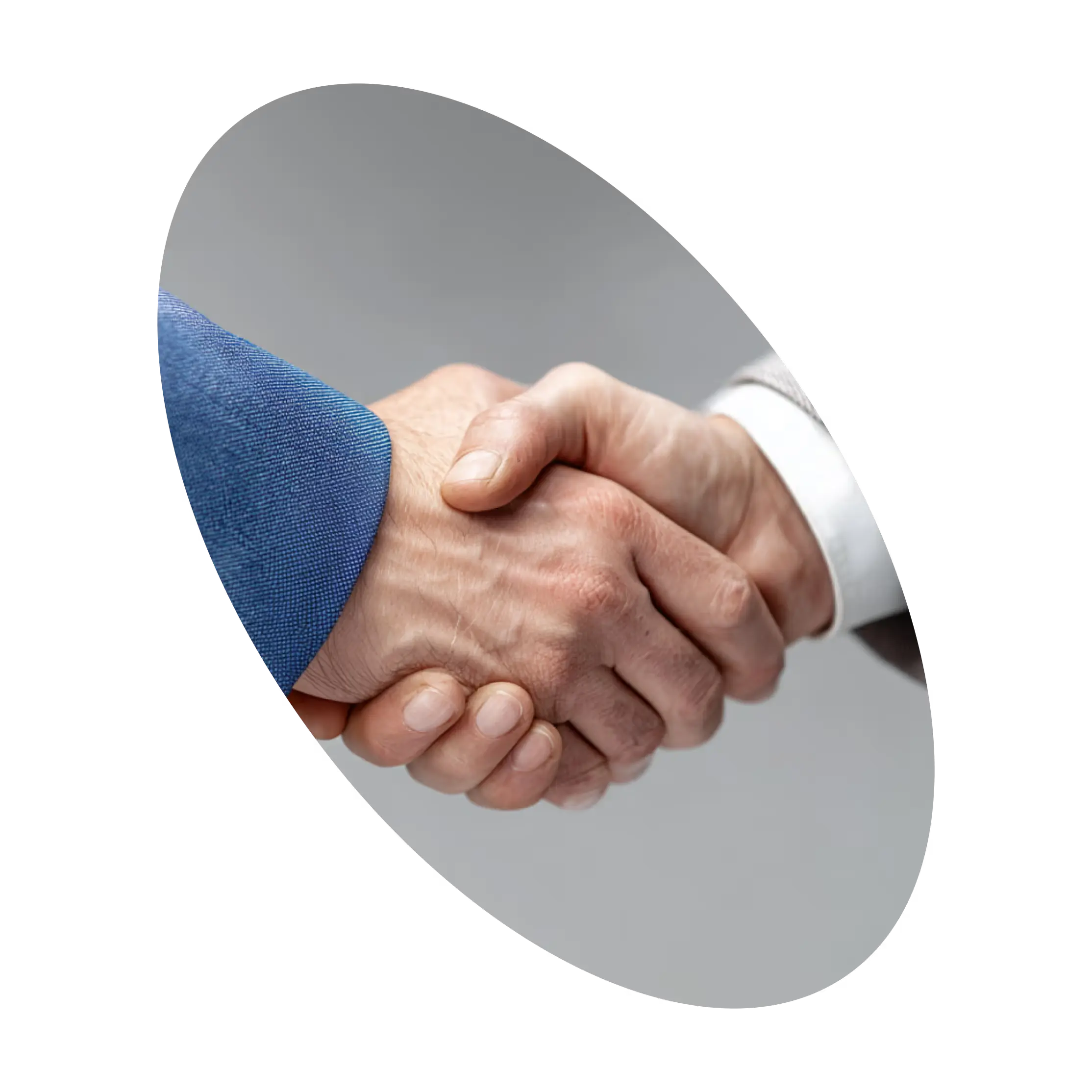 Two people shaking hands, one wearing a blue suit and the other a light grey suit.