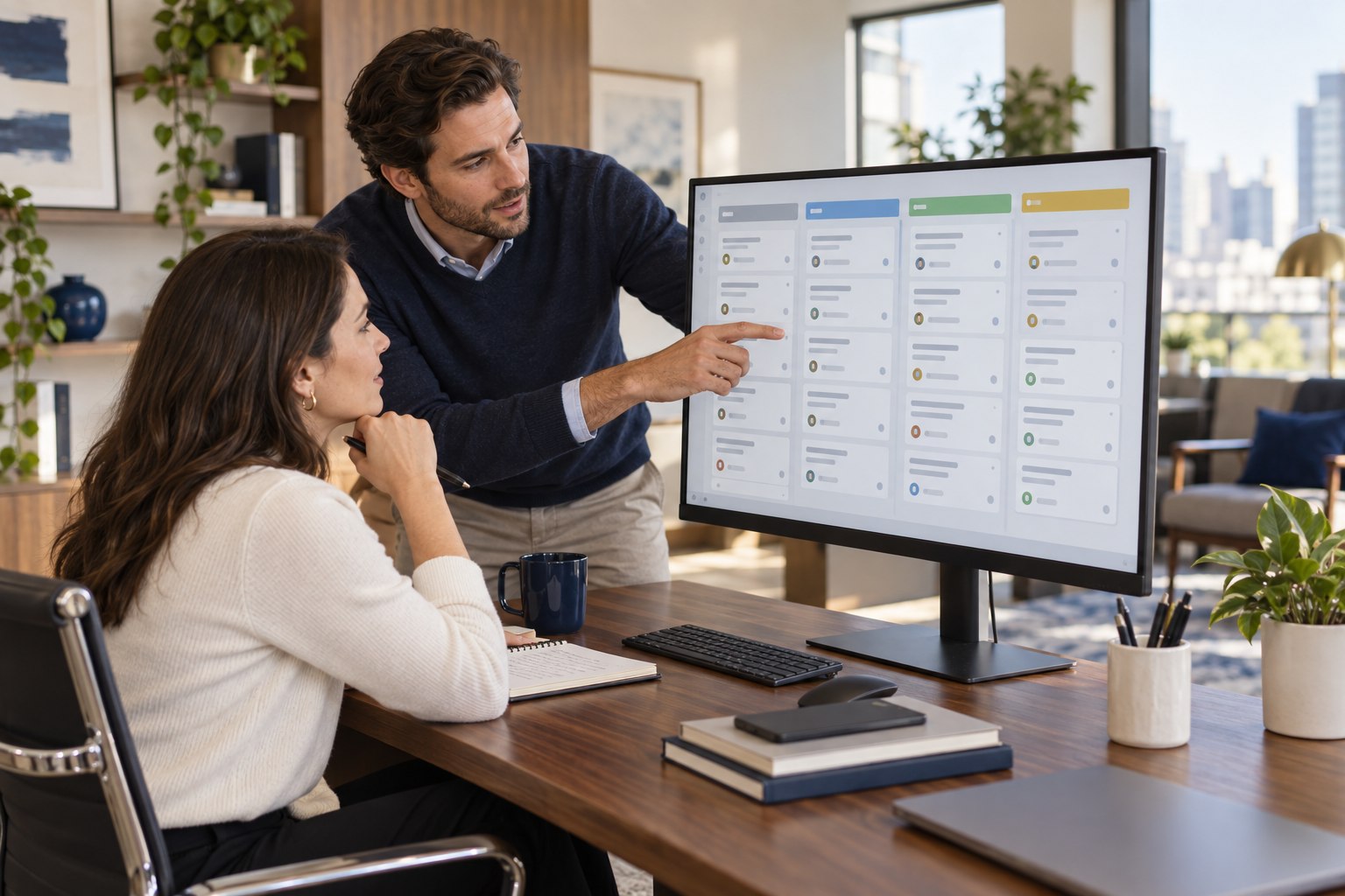 Illustrative commercial team reviewing customer relationship management workflows