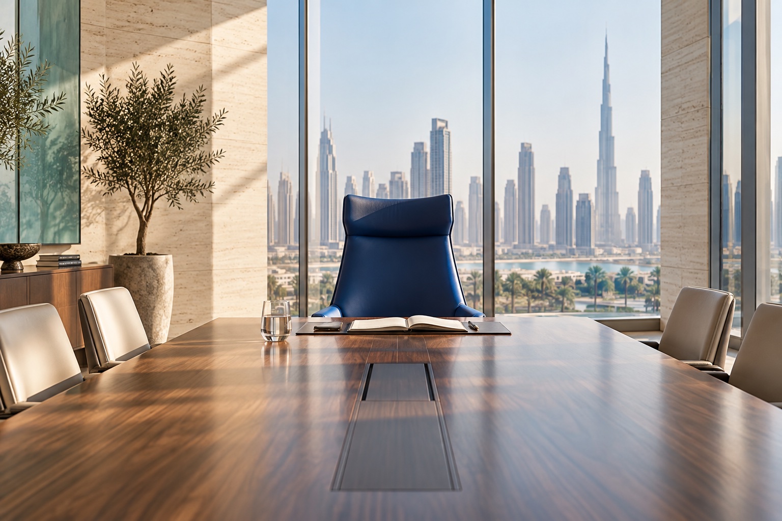 An empty executive chair at a boardroom table overlooking Dubai