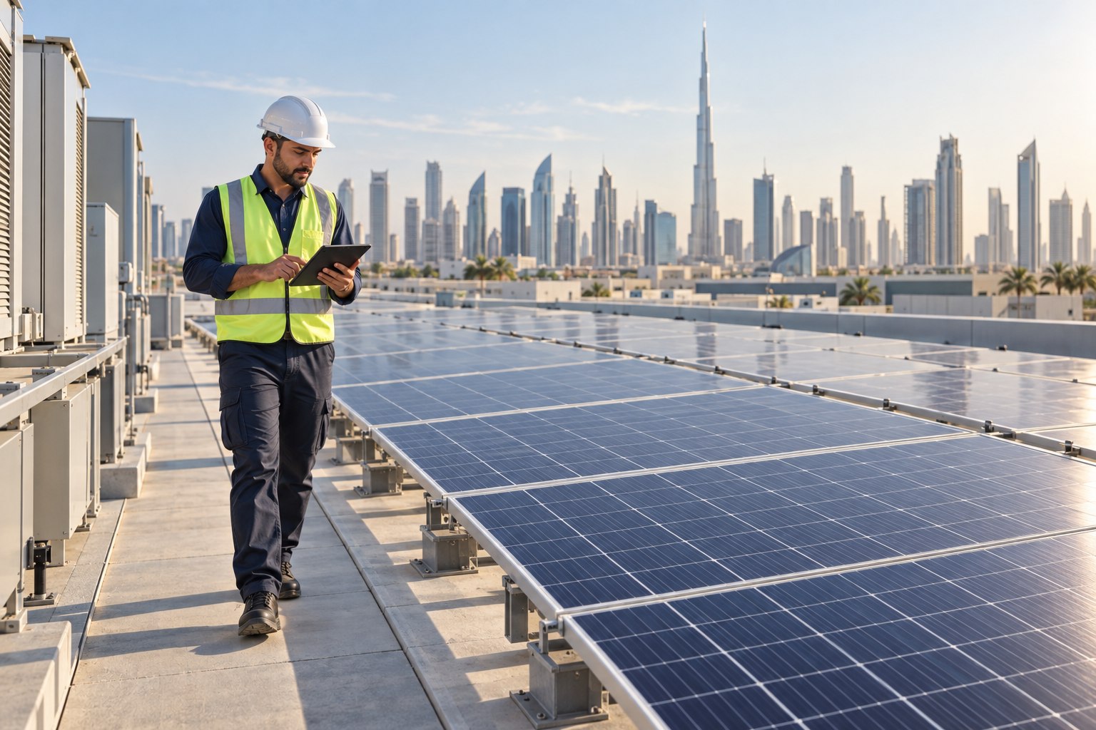 Illustrative sustainability inspection beside rooftop solar panels
