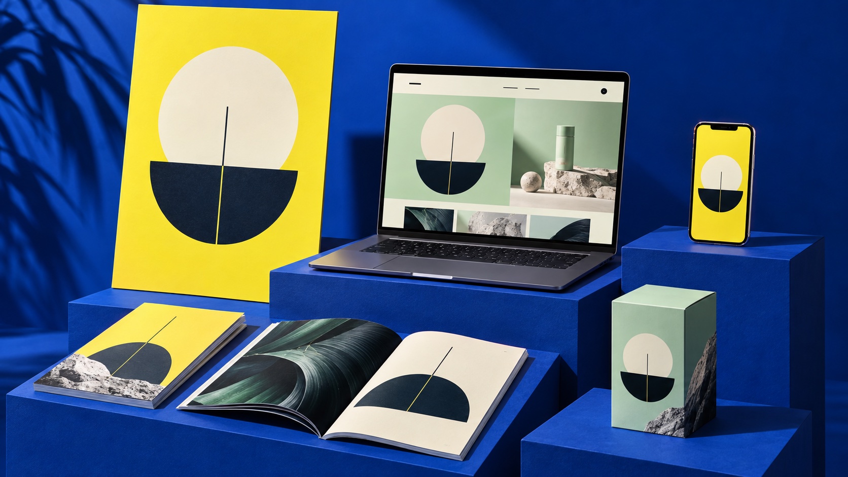 Illustrative campaign system across a poster, website, phone, packaging and editorial content.
