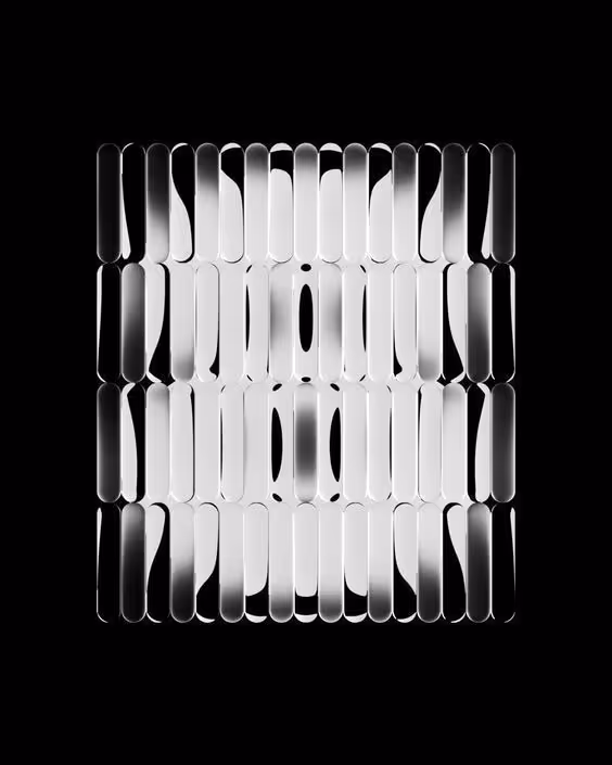Motif abstrait en noir et blanc constitué de formes allongées verticales avec des dégradés contrastés formant un carré.