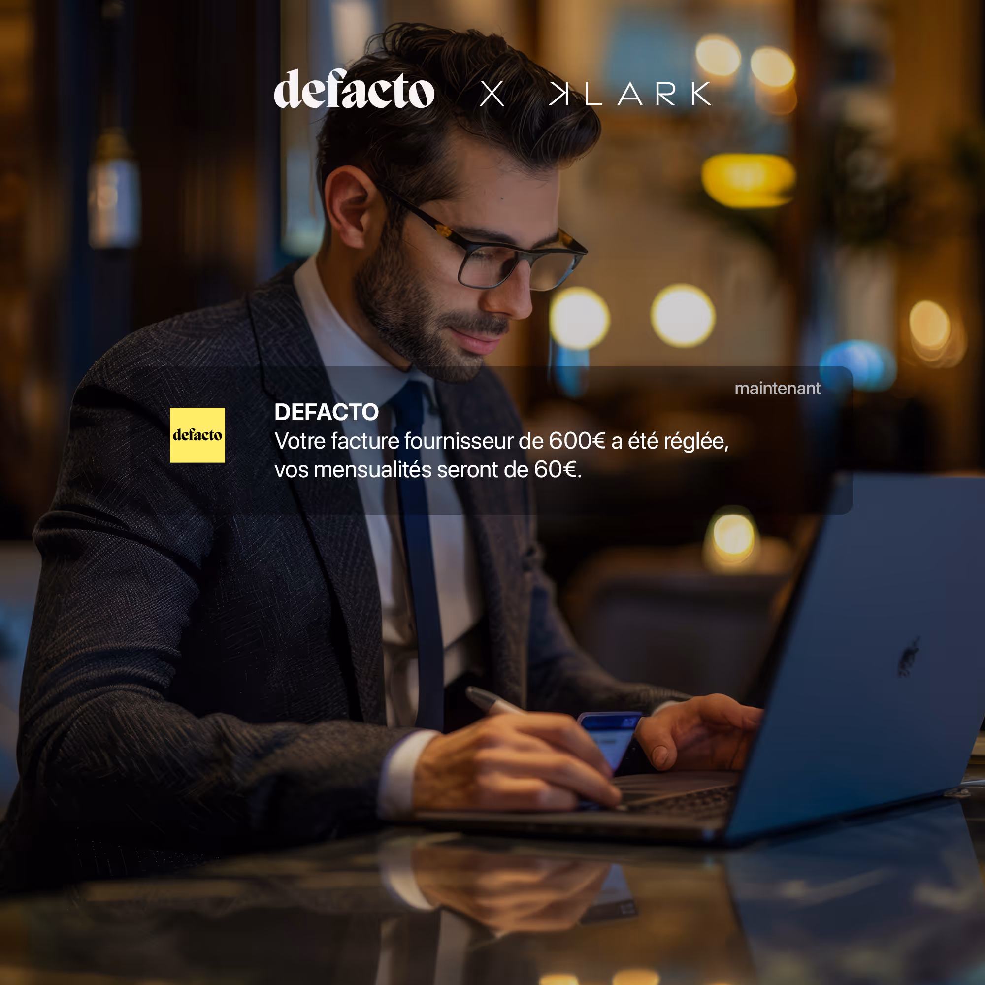 Un homme portant des lunettes et un costume travaille sur un ordinateur portable avec une carte bancaire en main dans un environnement éclairé chaleureusement.