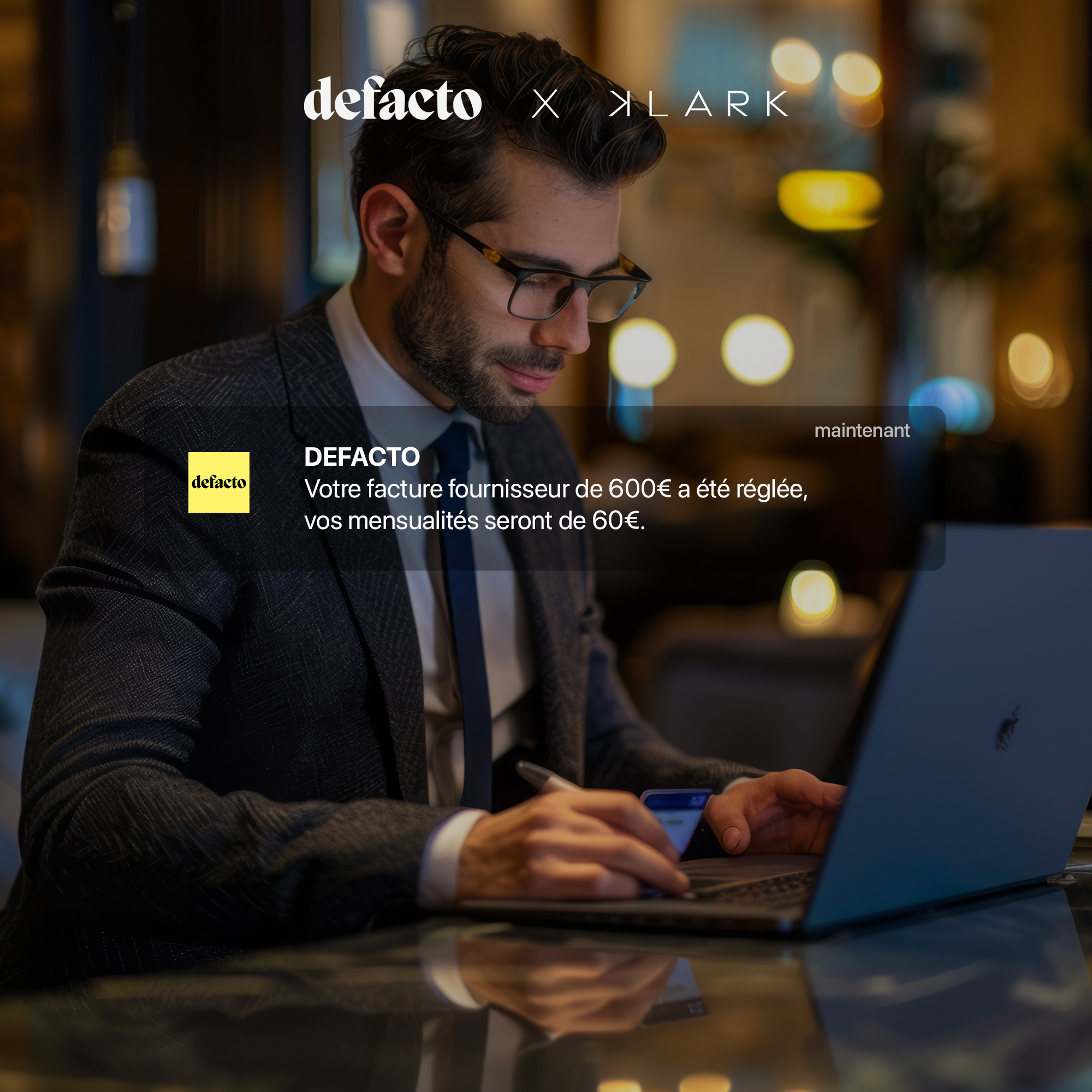 Un homme portant des lunettes et un costume travaille sur un ordinateur portable avec une carte bancaire en main dans un environnement éclairé chaleureusement.