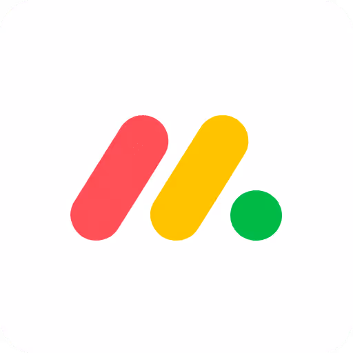 Logo de monday.com avec deux traits elliptiques inclinés rouge et jaune et un point vert.