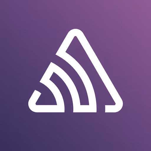 Symbole blanc stylisé en forme de triangle avec des arcs courbes à l'intérieur sur un fond violet.