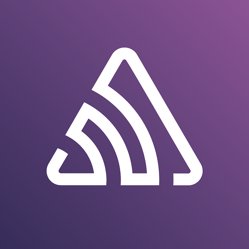 Symbole blanc stylisé en forme de triangle avec des arcs courbes à l'intérieur sur un fond violet.