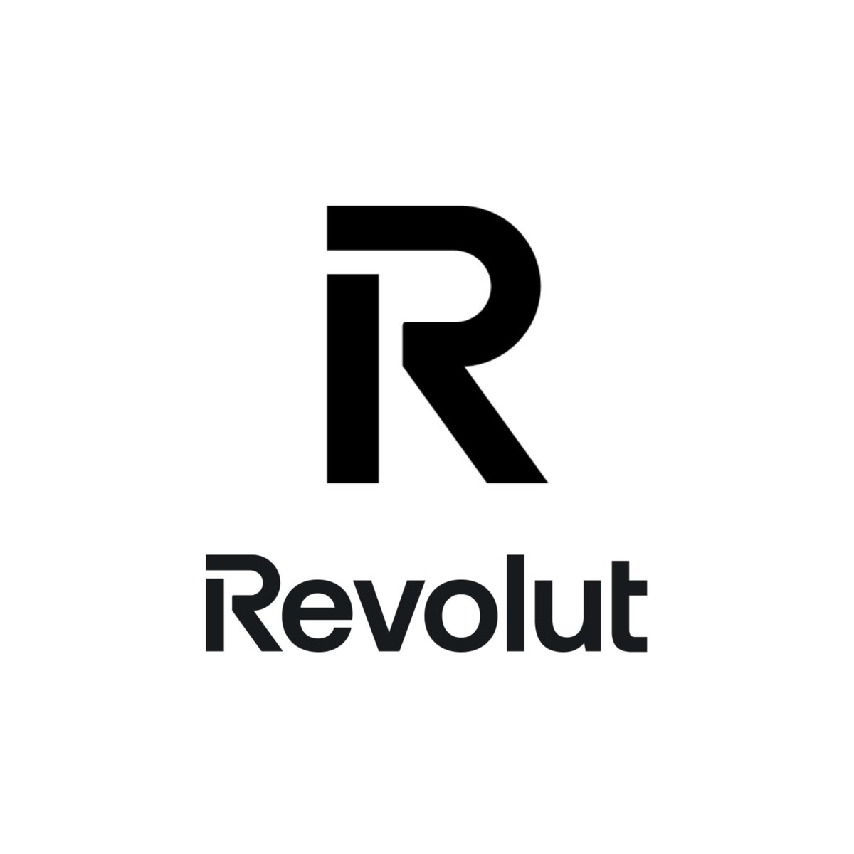 Logo de Revolut avec un grand R stylisé au-dessus du texte Revolut en noir sur fond blanc.