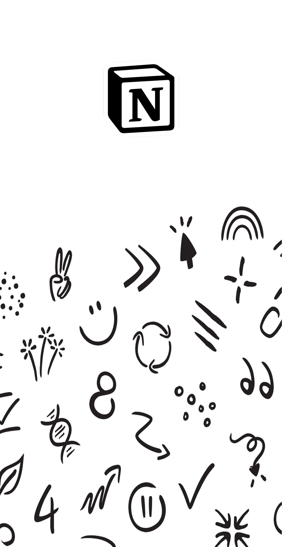 Icône de cube avec la lettre N et divers petits dessins en noir incluant des symboles, flèches et visages souriants.