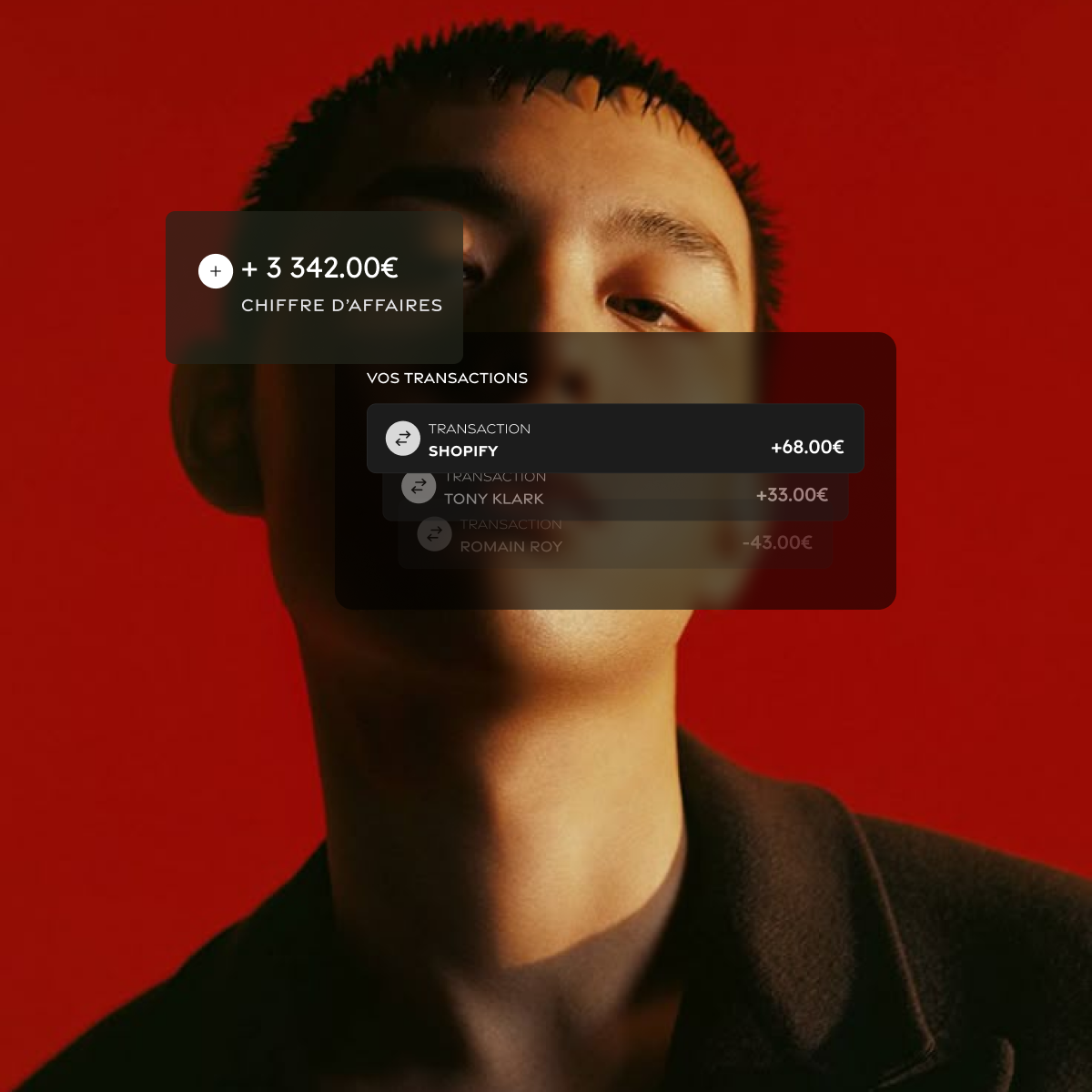 Portrait d'un homme asiatique sur fond rouge avec une interface affichant un chiffre d'affaires de 3 342,00 € et une transaction Shopify de +68,00 €.