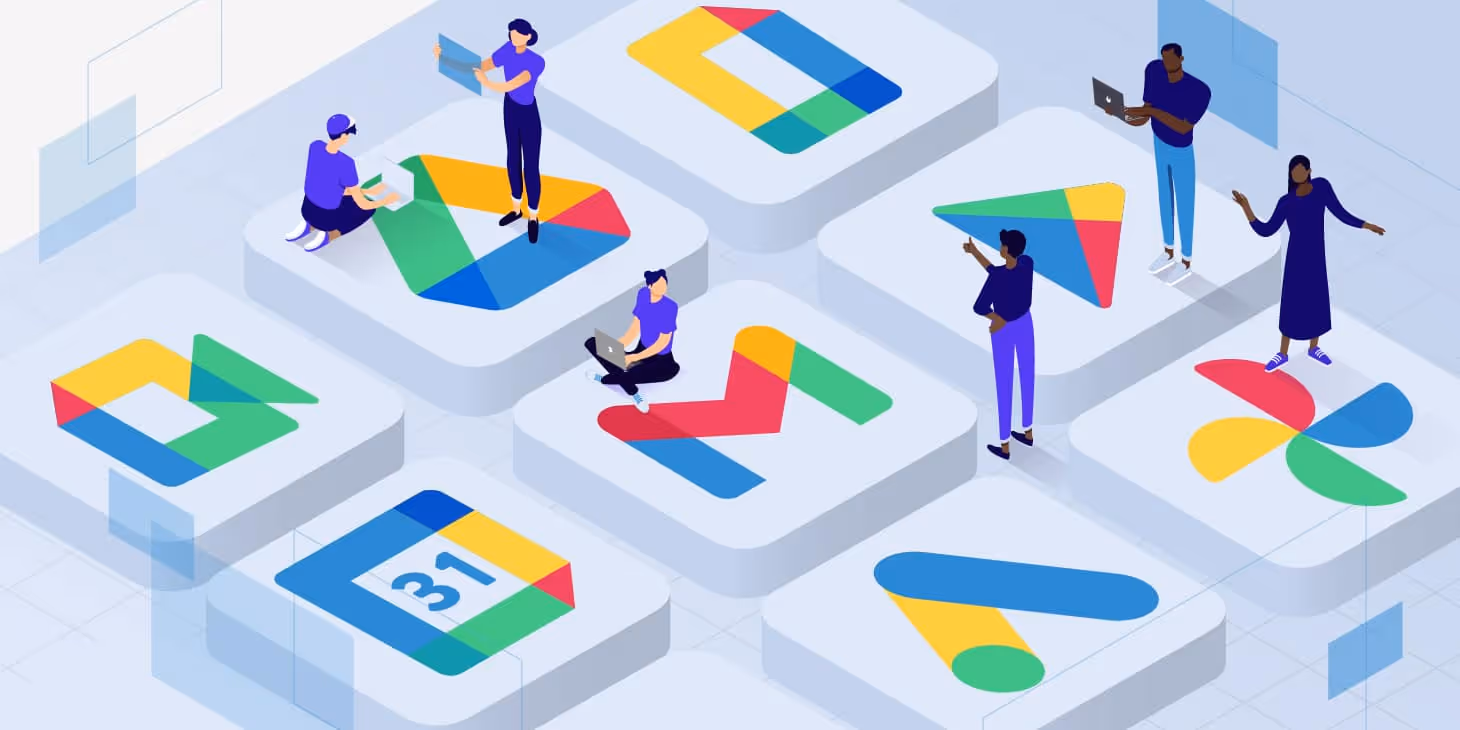 Illustration de personnes utilisant des icônes colorées des applications Google Workspace comme Gmail, Drive, Calendar et Meet.