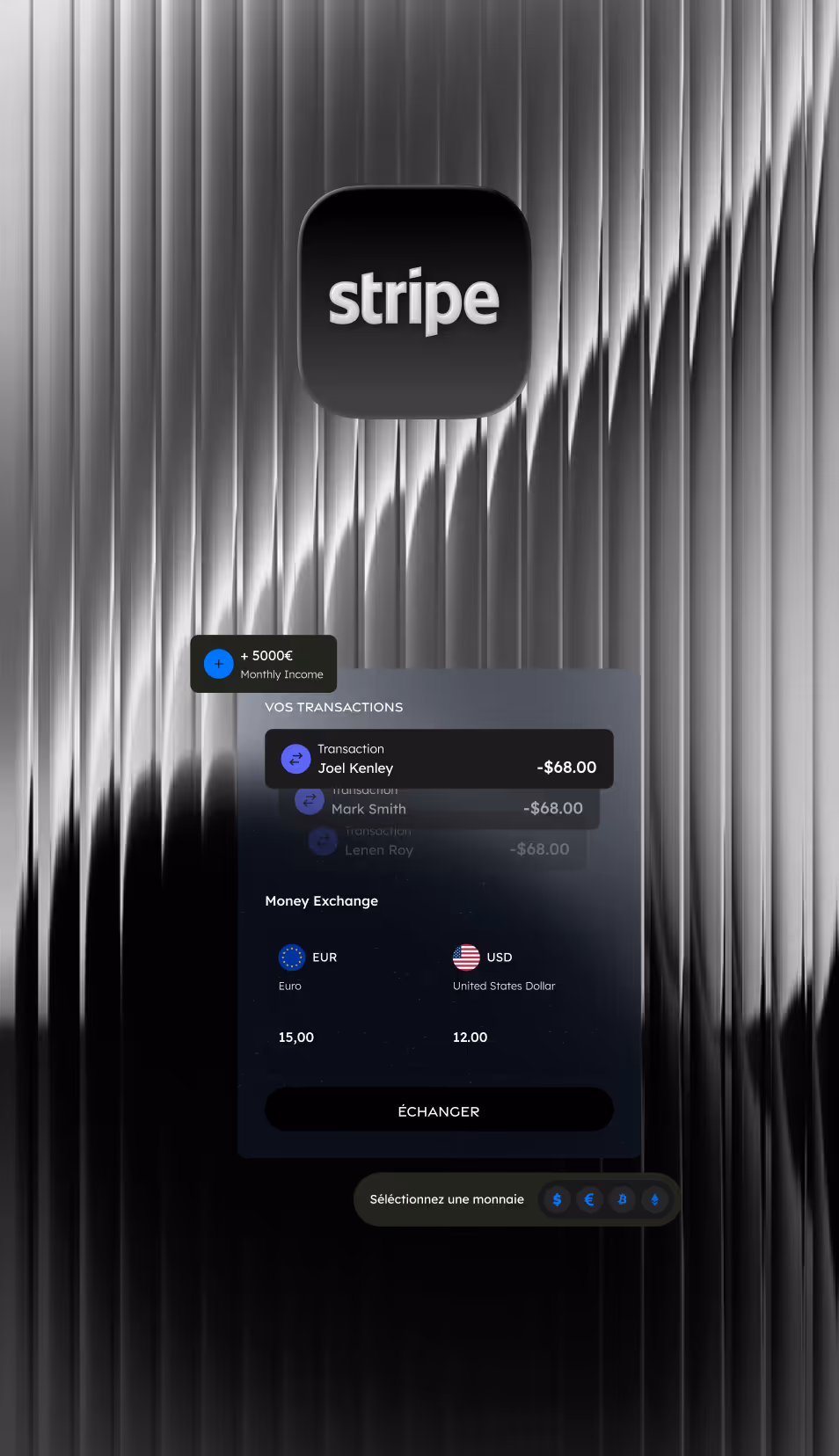 Capture d'écran d'une application Stripe affichant un revenu mensuel de 5000€, des transactions avec Joel Kenley et un convertisseur de devises EUR à USD.
