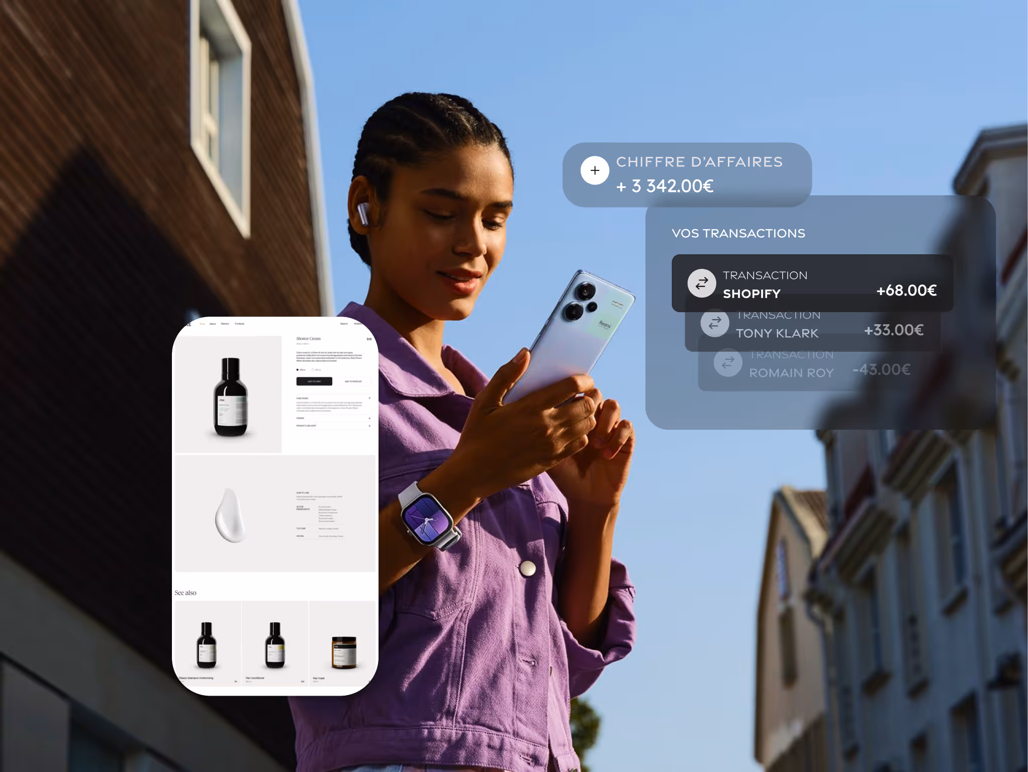 Jeune femme portant une veste violette, utilisant un smartphone avec une montre connectée au poignet, avec des données de transactions financières en surimpression.