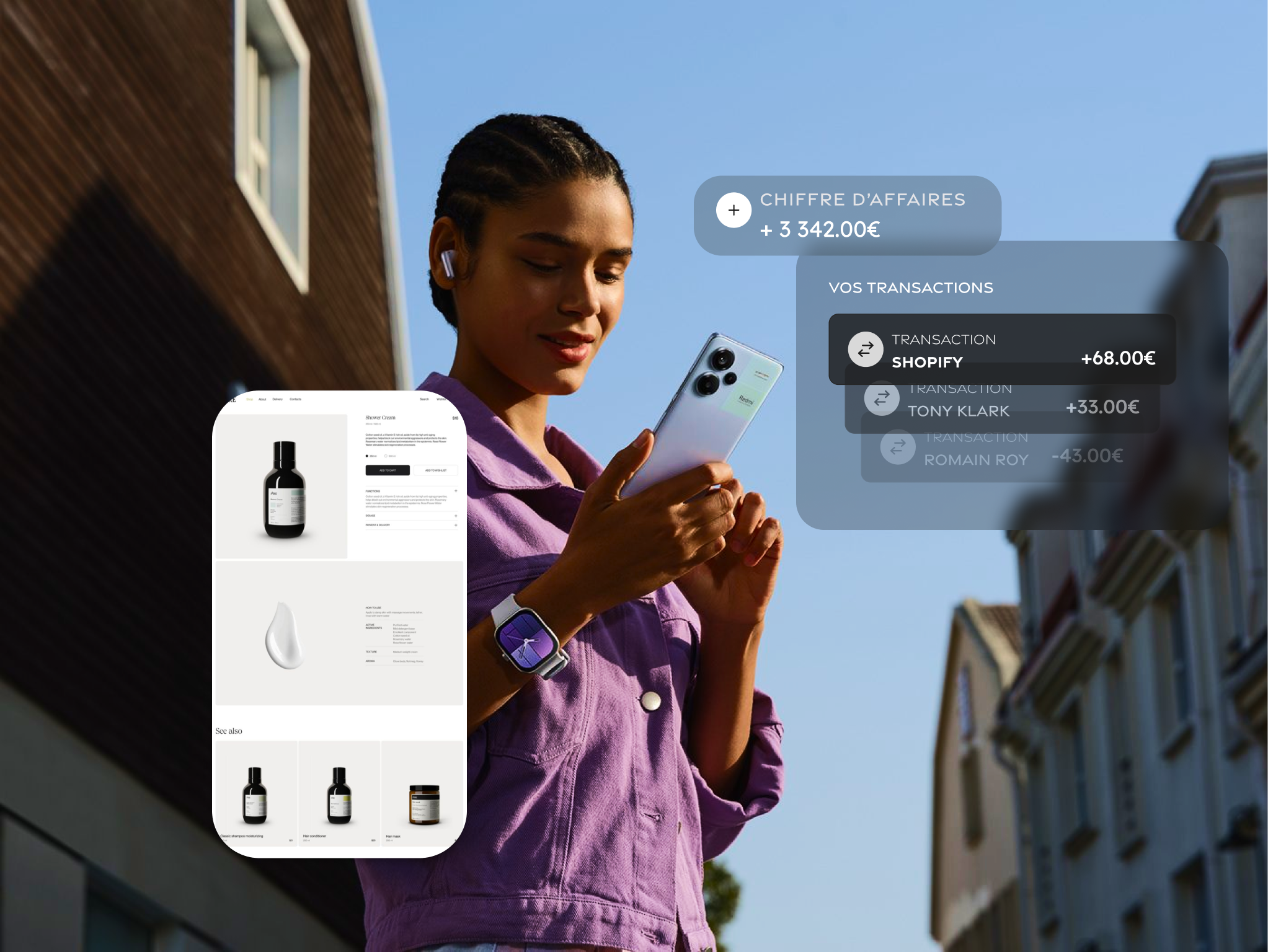 Jeune femme portant une veste violette, utilisant un smartphone avec une montre connectée au poignet, avec des données de transactions financières en surimpression.