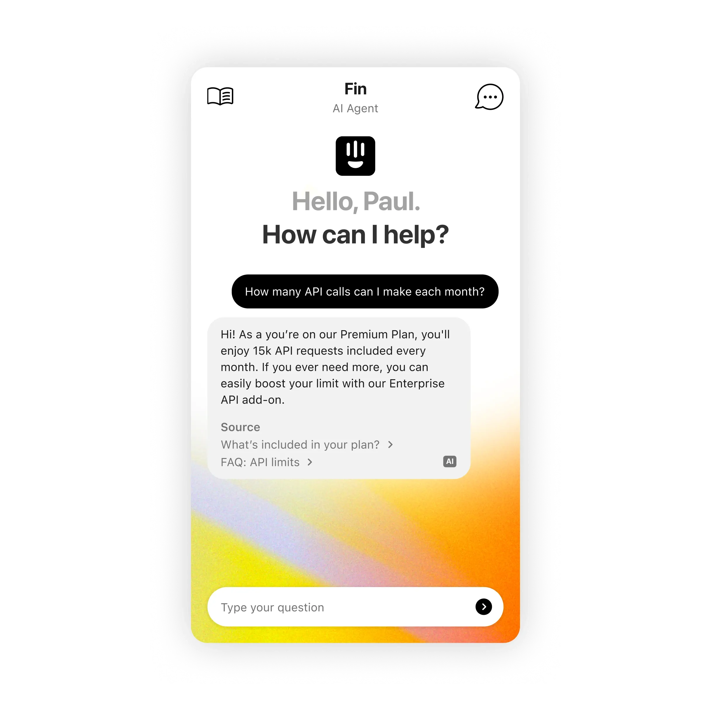 Interface d'agent IA saluant Paul et fournissant des informations sur les appels API mensuels inclus dans le plan Premium avec options pour augmenter la limite.