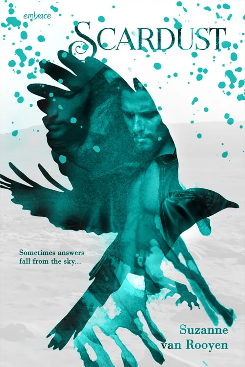 Book cover of 'Scardust' by Suzanne van Rooyen featuring a teal overlay of a large bird in flight with a shirtless man and a dog inside its silhouette against a light background.