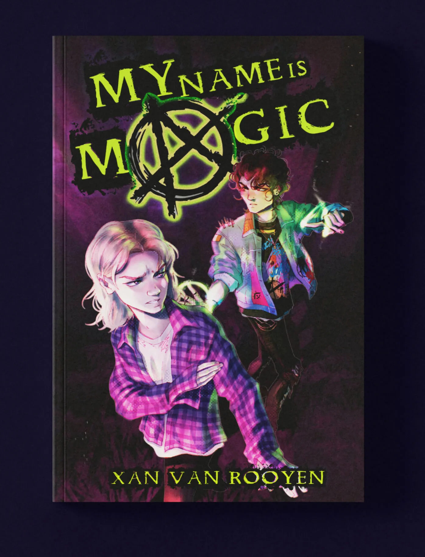 Book cover of 'My Name is Magic' by Xan Van Rooyen featuring an illustrated scene of two characters, one in a purple plaid shirt and the other in a colorful jacket casting a glowing spell.