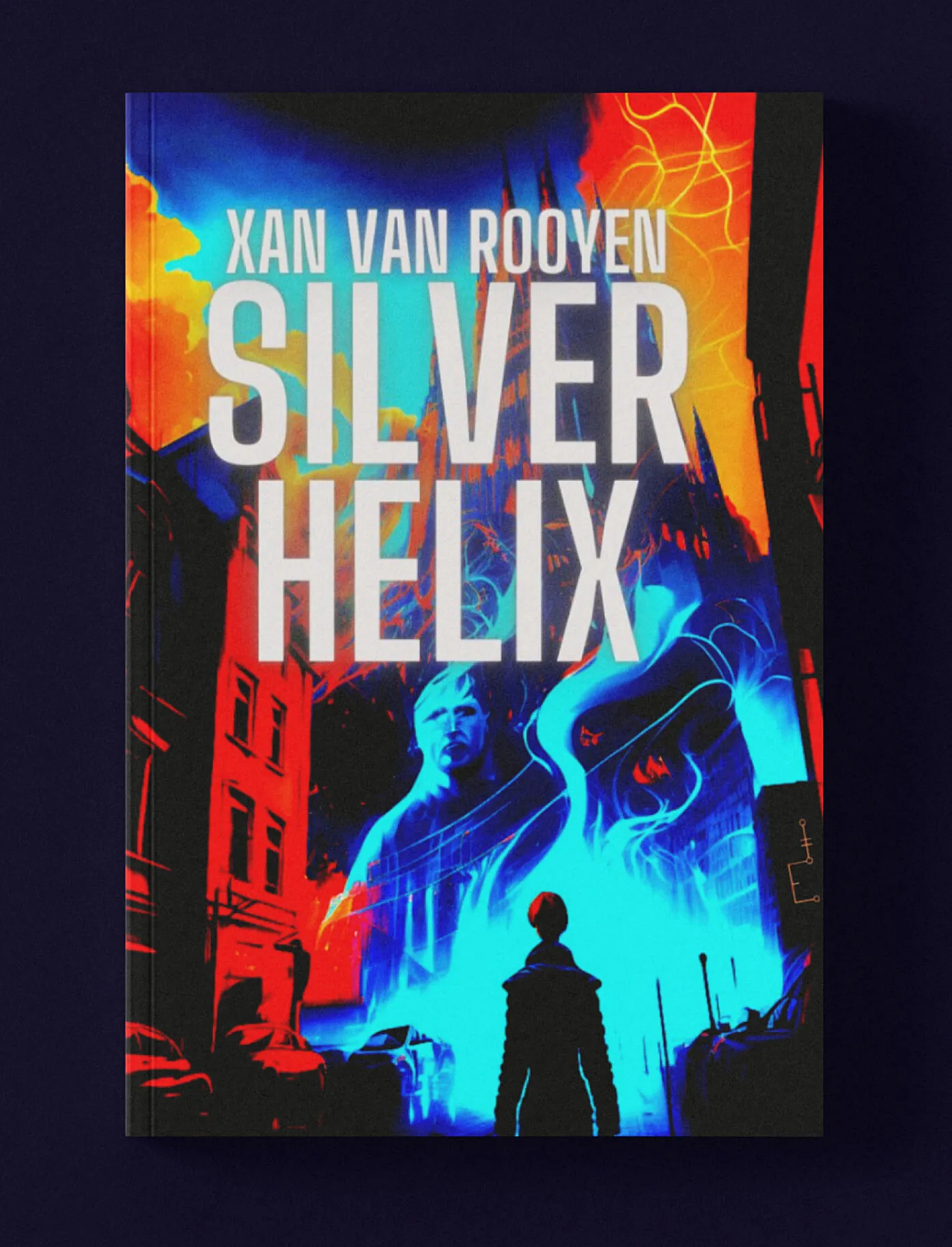 Book cover of 'Silver Helix' by Xan Van Rooyen featuring a silhouette of a person standing in a street with vivid blue and red glowing abstract shapes and a ghostly face in the background.