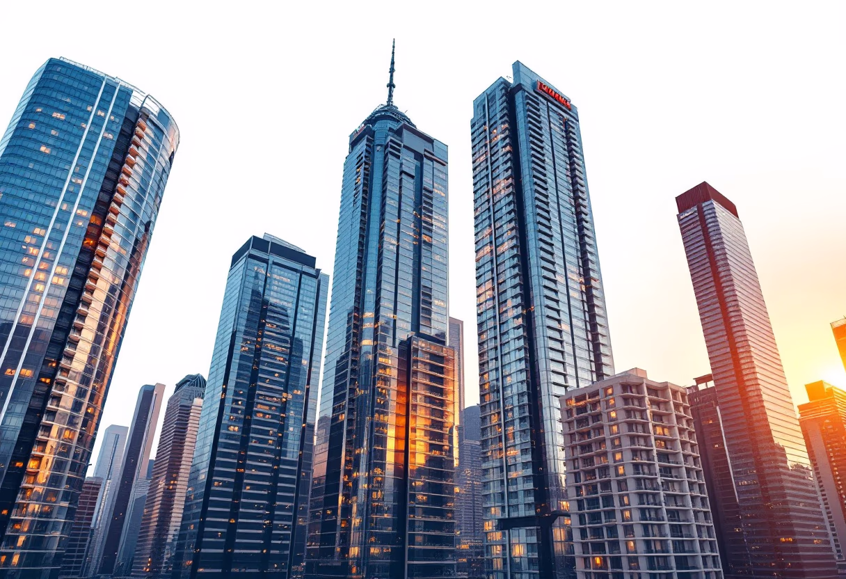 image of towering skyline at sunset