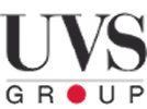 UVS Group logotips ar sarkanu punktu burtu O vietā.