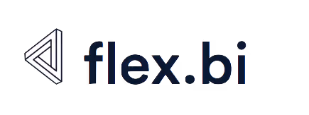Flex.bi zīmols ar stilizētu trīsstūra logotipu pa kreisi.