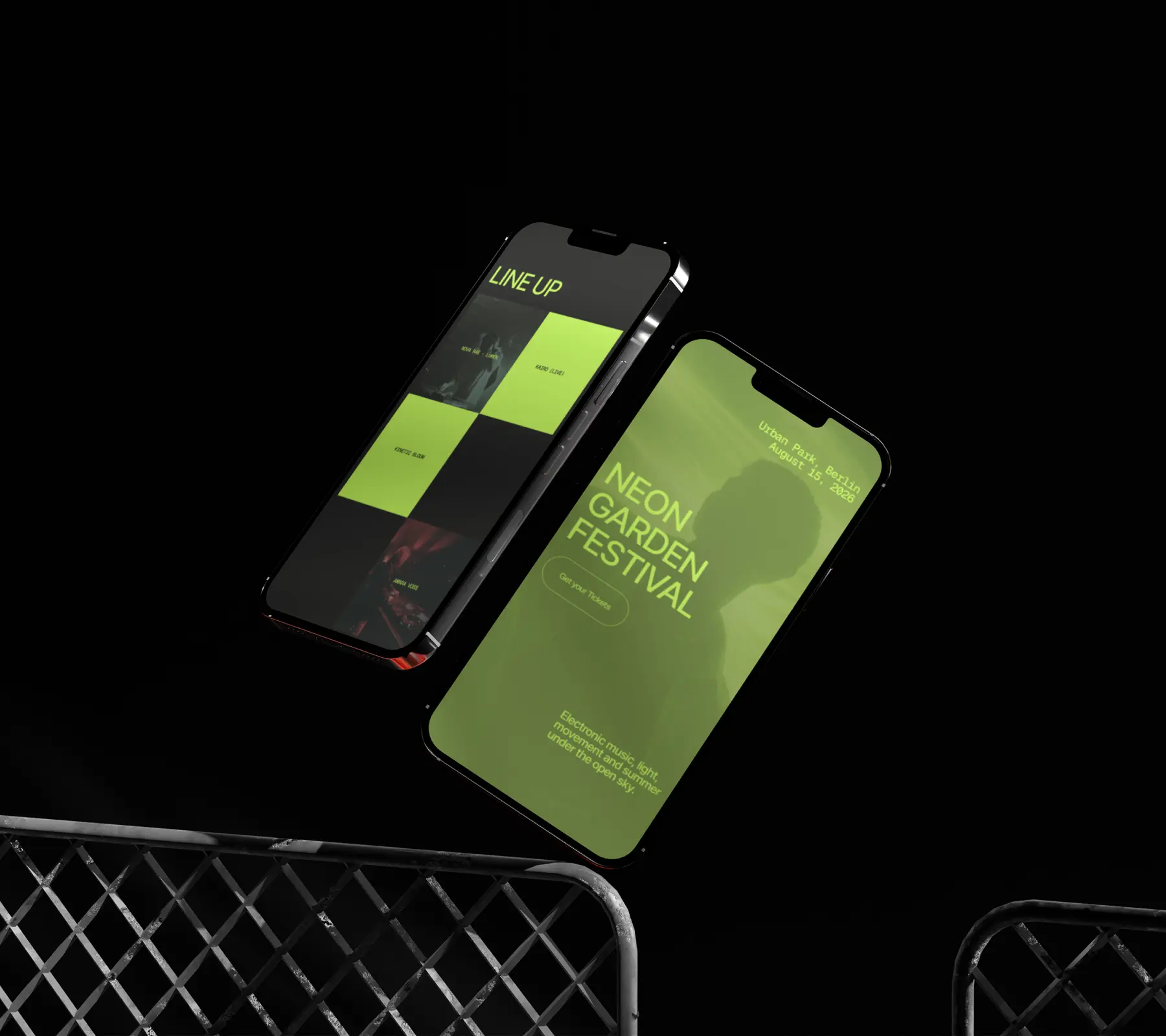 A phone mock up of neon garden festival