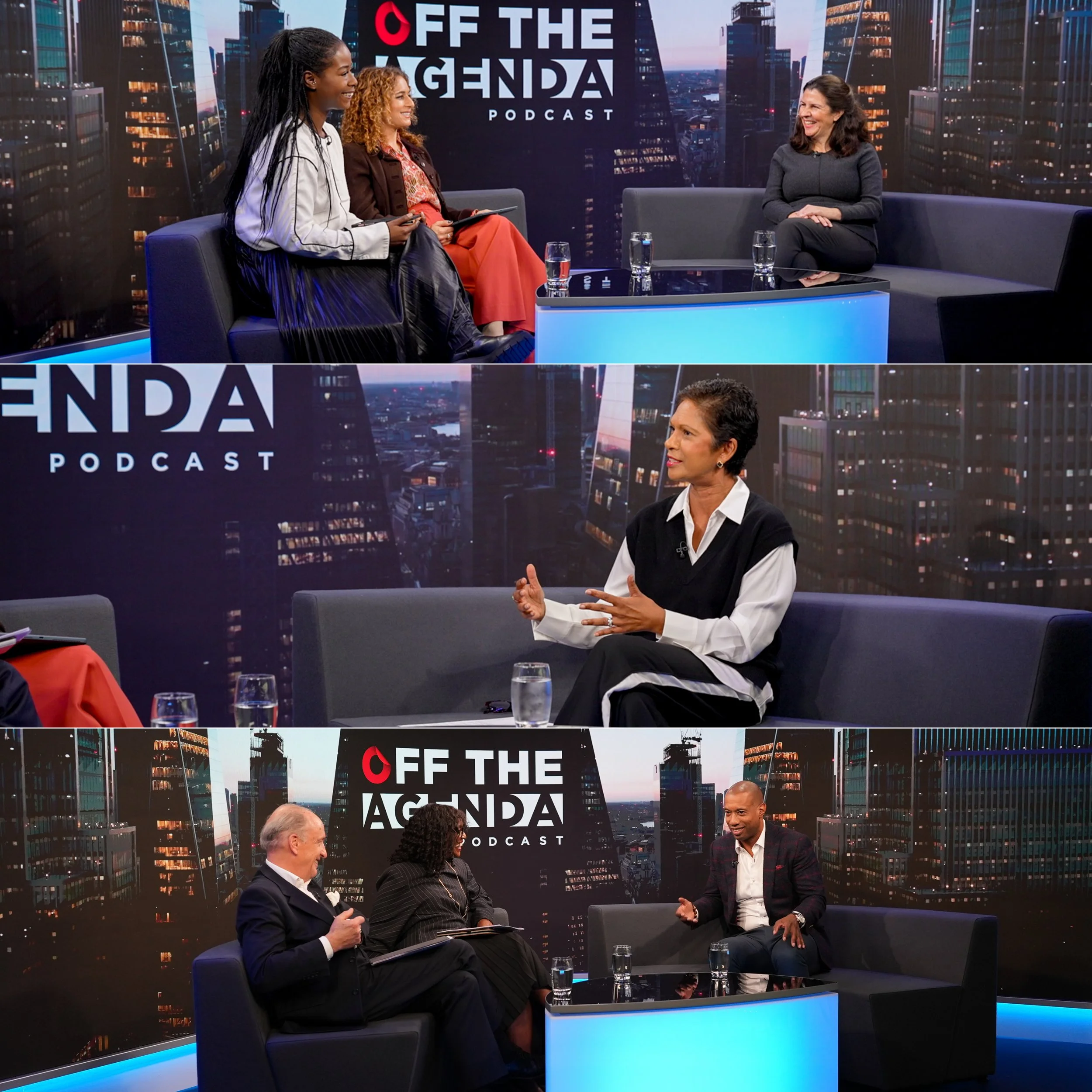 Three scenes showing diverse guests and hosts engaged in conversation on the Off The Agenda podcast set with cityscape background.