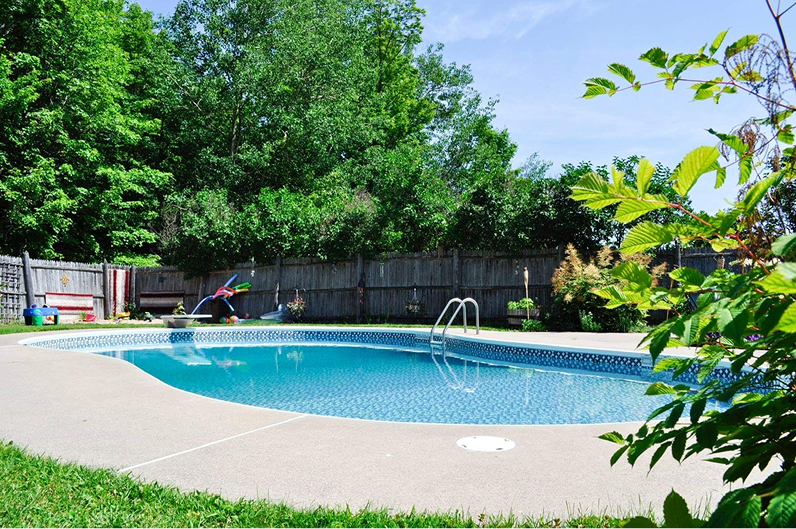 Outdoor swimming pool surrounded by concrete deck, greenery, and a wooden fence under a clear sky.