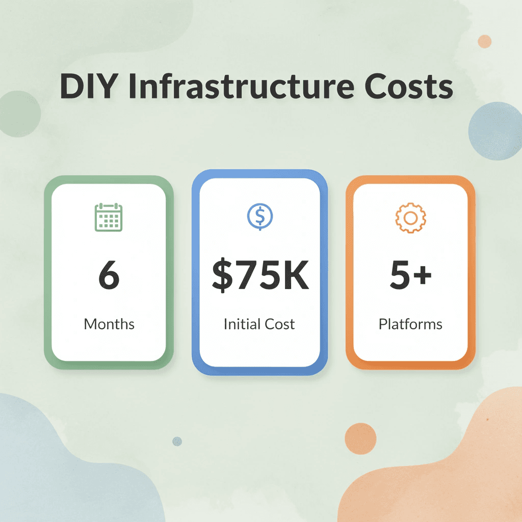 Infographic showing DIY infrastructure costs: 6 months, $75K initial cost, 5+ platforms