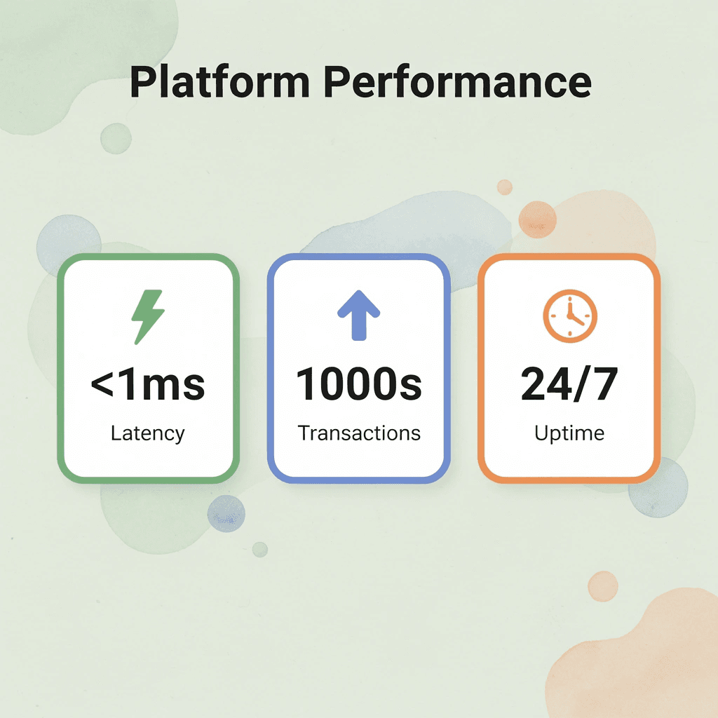 Performance metrics showing sub-millisecond latency and transaction volume