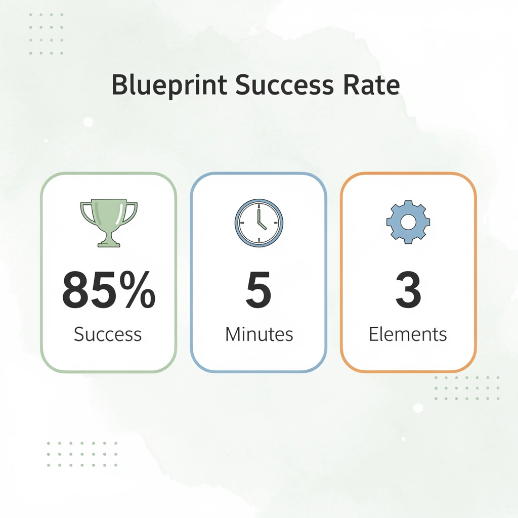 Statistics showing 85% success rate, 5-minute timeframe, and 3 core elements