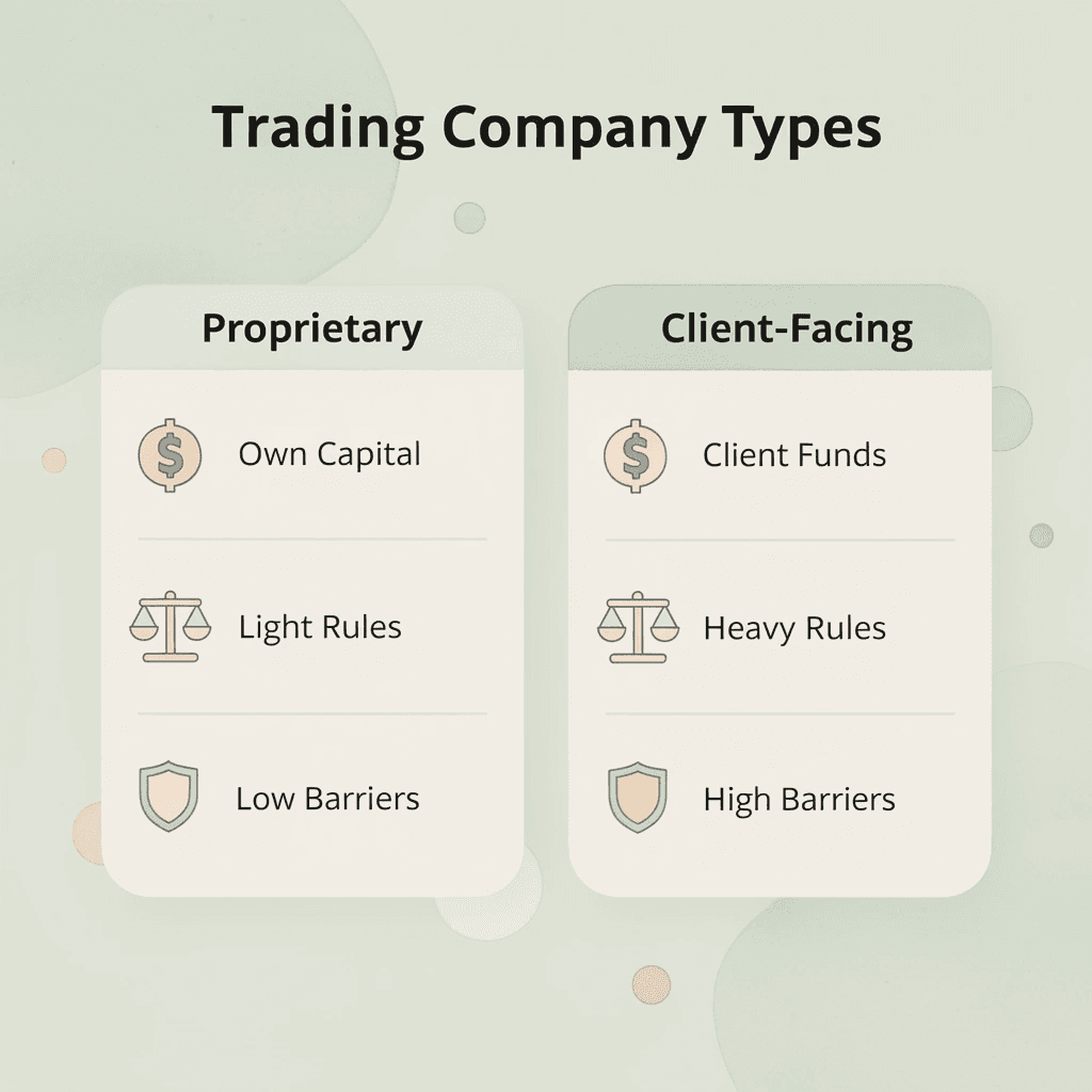 Comparison chart showing proprietary vs client-facing trading companies