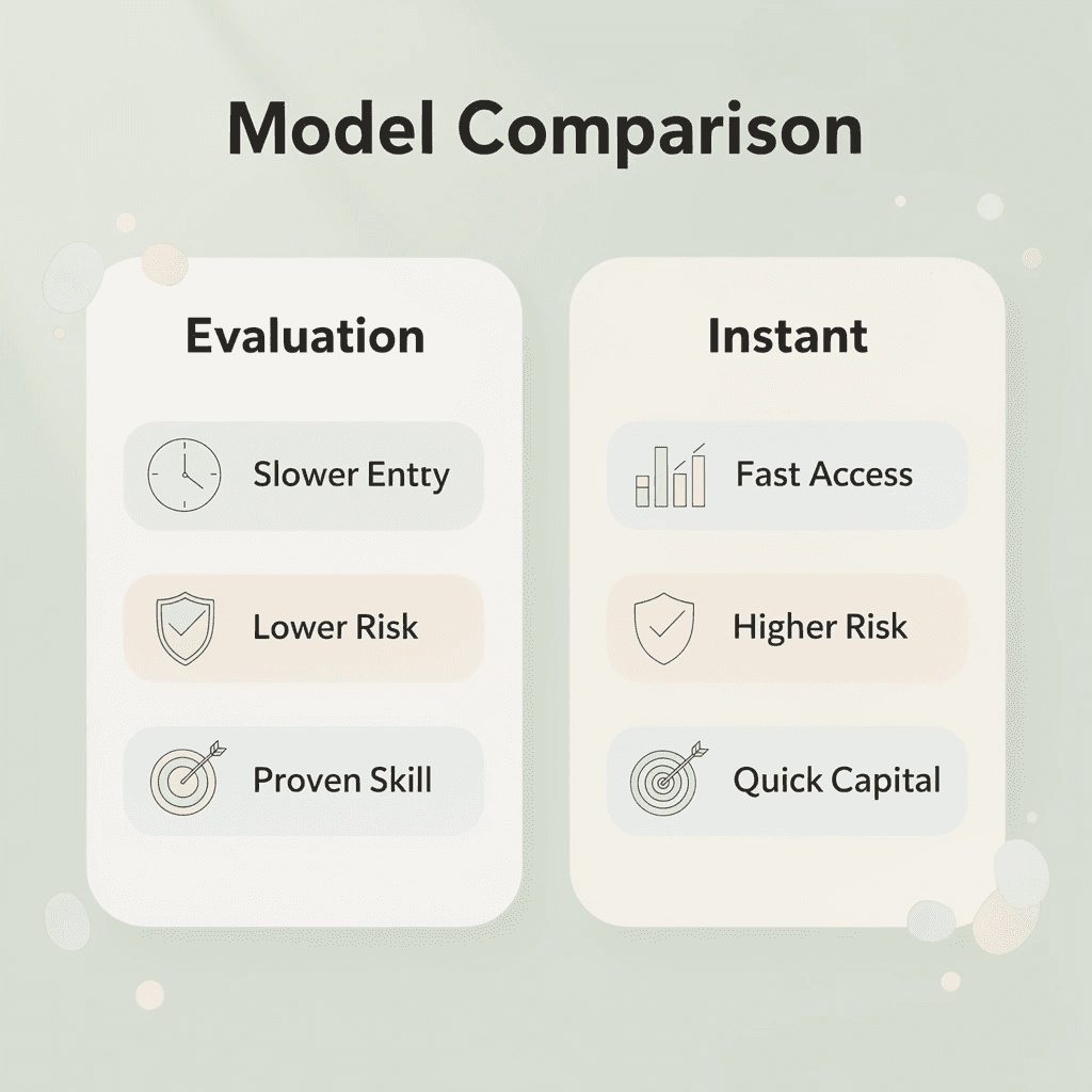 Comparison between evaluation and instant funding models