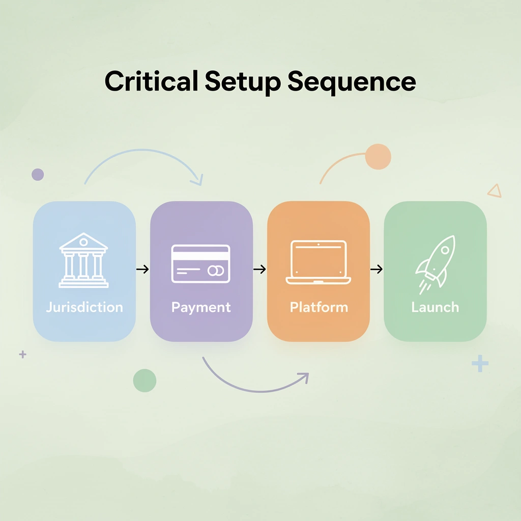 Process flow showing critical setup sequence from jurisdiction to launch