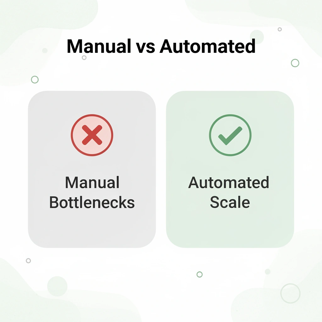 Before and after comparison showing manual bottlenecks versus automated scaling