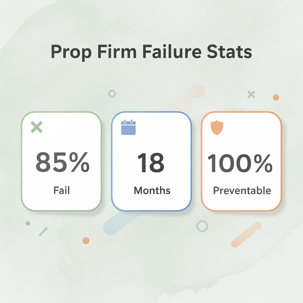 Statistics showing 85% of prop firms fail within 18 months, but it's 100% preventable