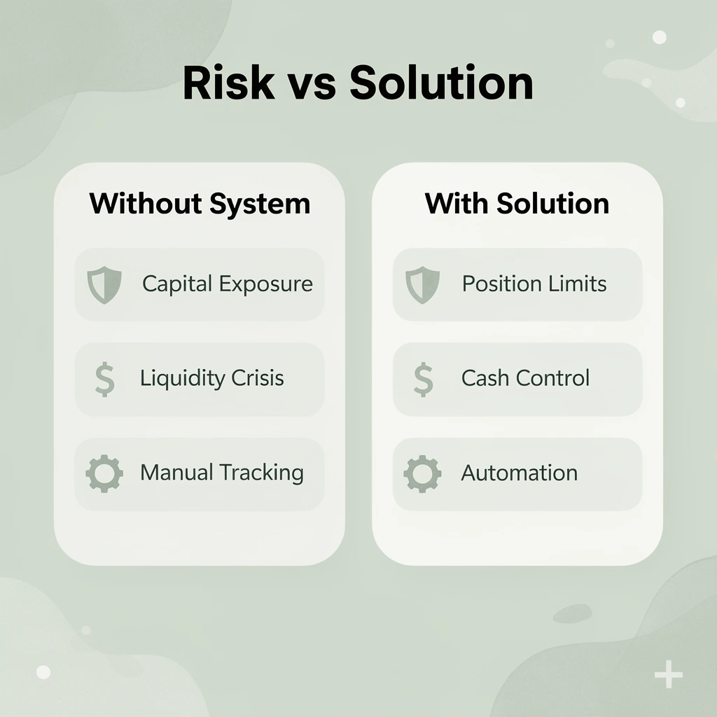 Comparison table showing risks without systems versus benefits with solutions