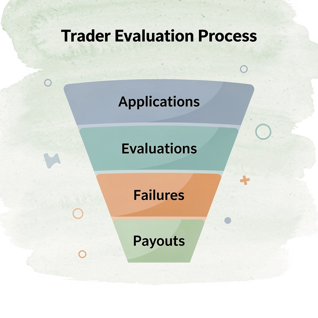 Funnel showing trader evaluation and failure rates