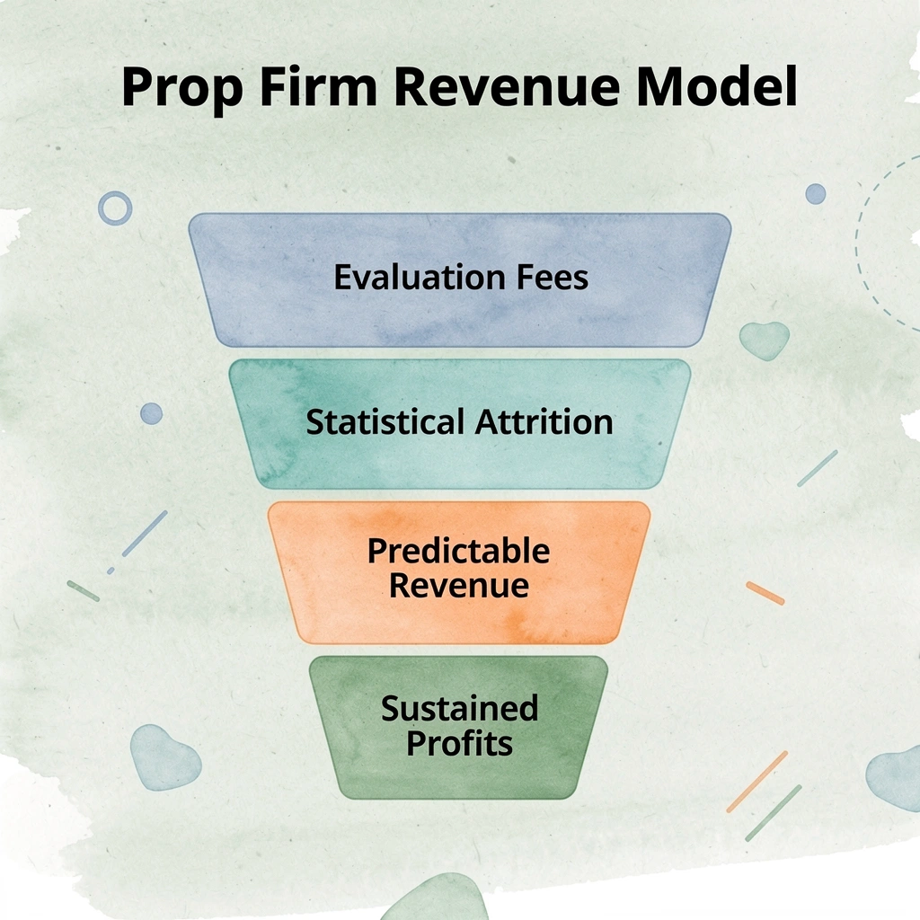 Funnel diagram showing how prop firms generate revenue through evaluation fees and statistical attrition