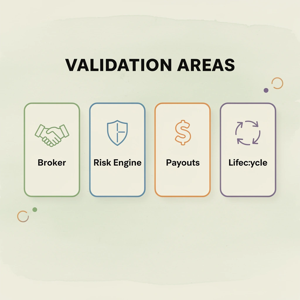 Infographic showing four key validation areas for prop firm launches