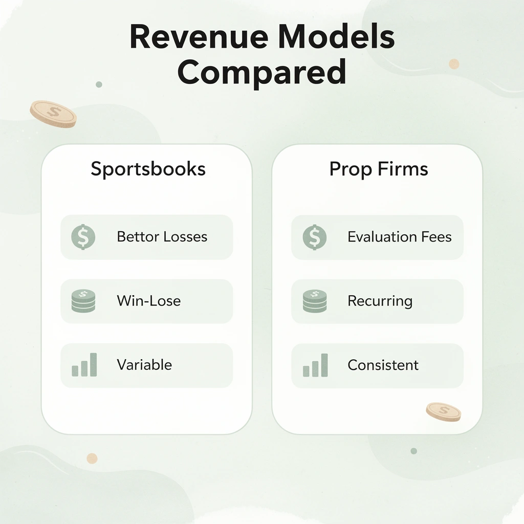 Comparison chart showing revenue model differences between sportsbooks and prop firms