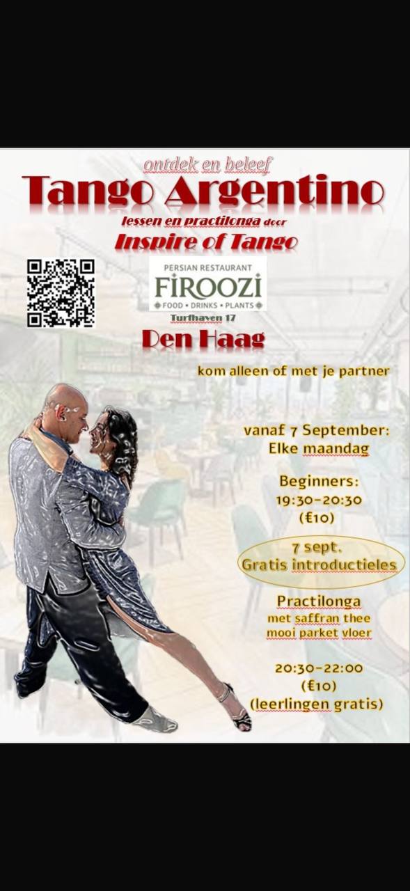 Poster Tango Argentino – lessen en practilonga bij Firoozi Den Haag