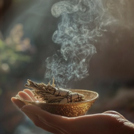 Hand houdt een schaaltje met brandende salie vast als sfeervolle voorbereiding op een reiki behandeling