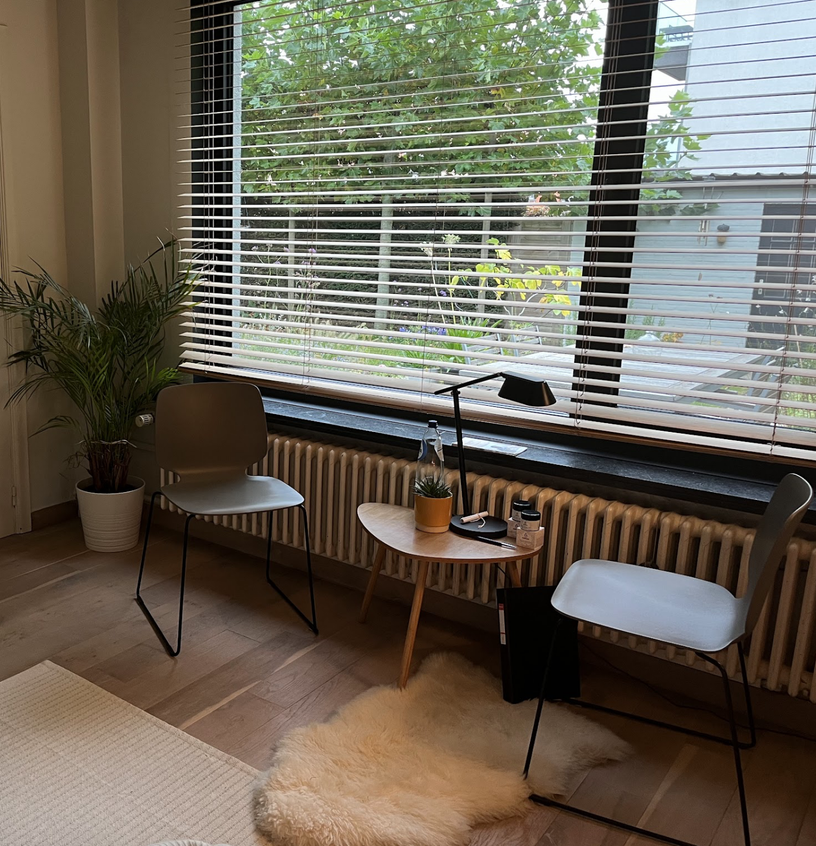 Rustige wachtruimte van massagepraktijk Rustpunt met stoelen, planten en natuurlijk licht