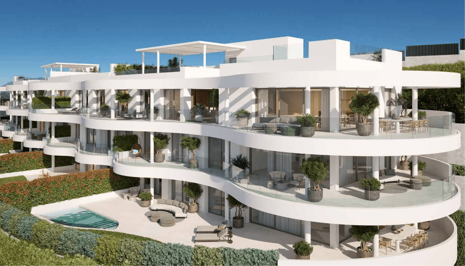 The View Marbella – elewacja i tarasy apartamentów z widokiem na morze