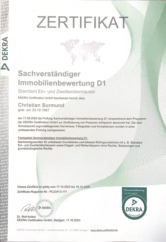 DEKRA Zertifikat Sachverständiger Immobilienbewertung D1