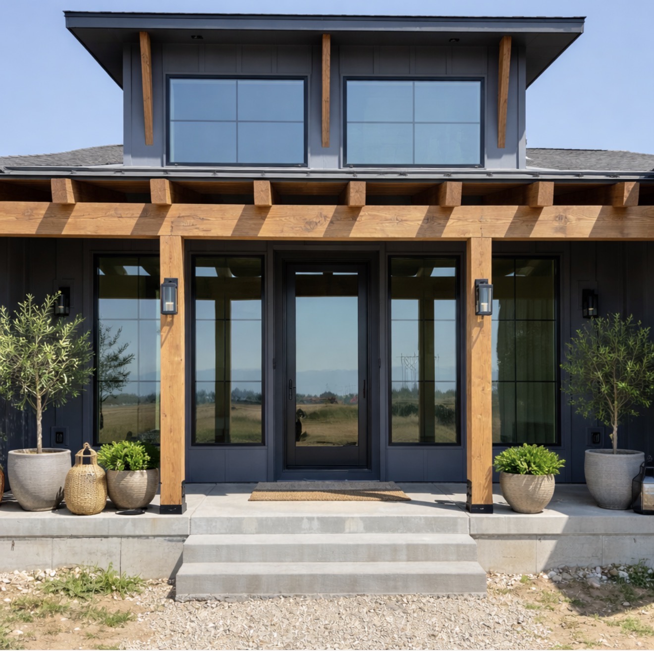 Timber Creek exterior, front entrance at dusk