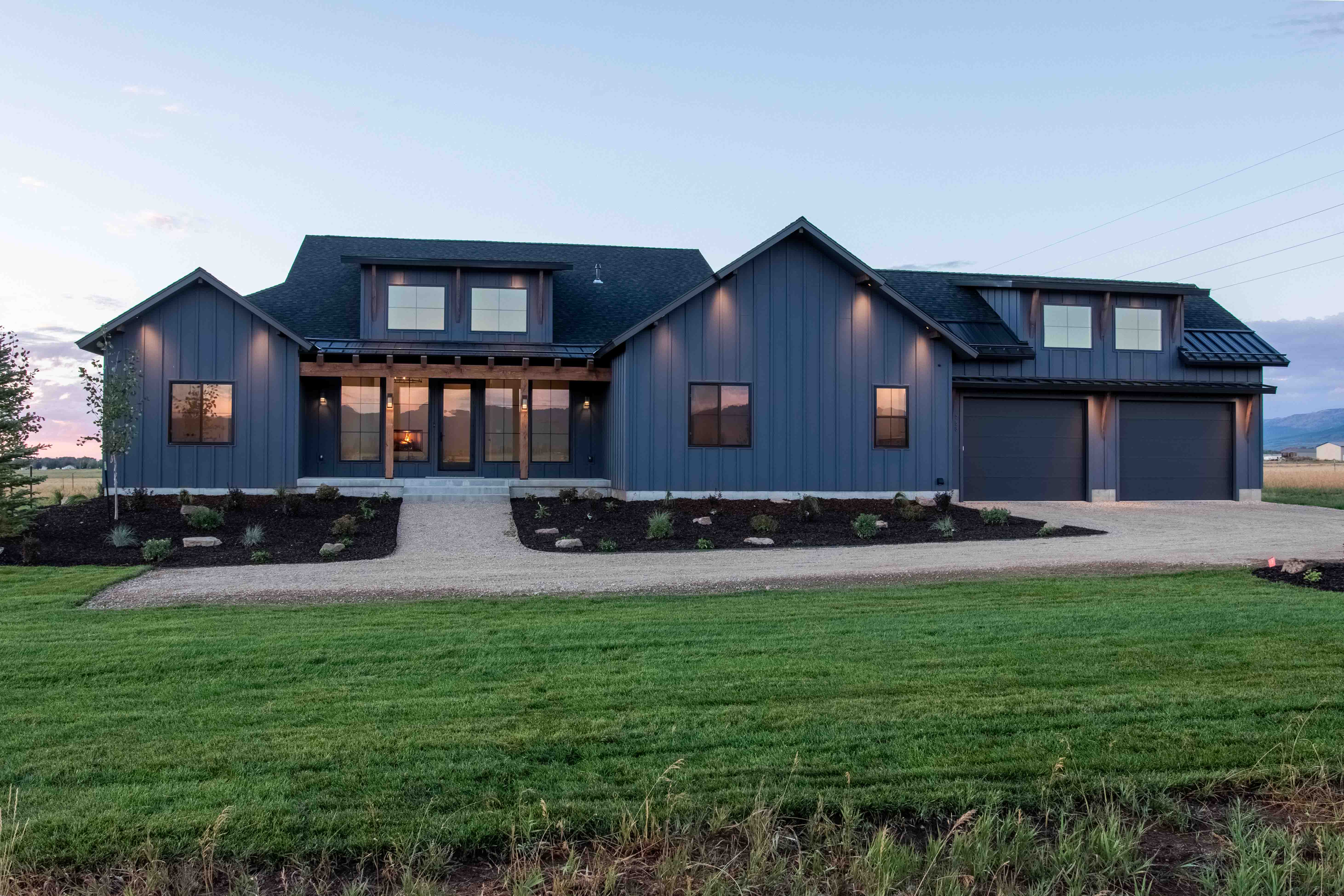 Timber Creek, the front of the home at dusk